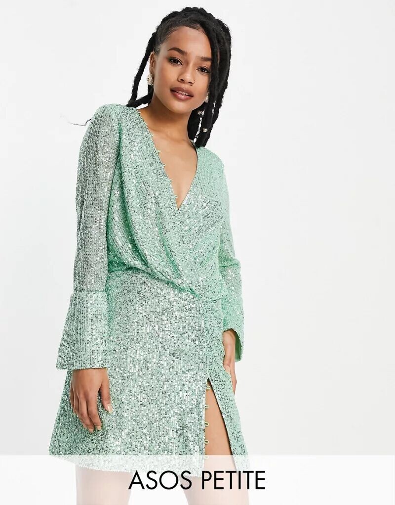 

Шалфейное мини-платье с драпировкой и пуговицами ASOS DESIGN Petite
