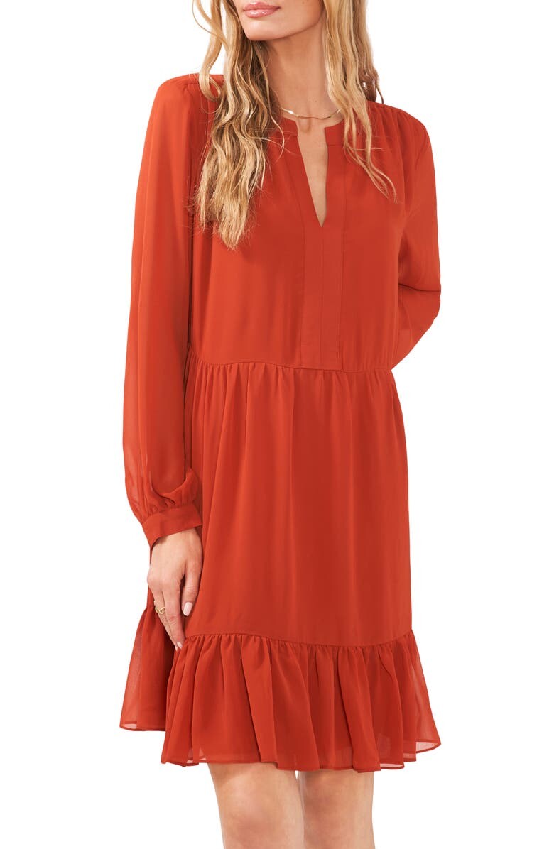 

Шифоновое платье с рюшами и длинными рукавами VINCE CAMUTO