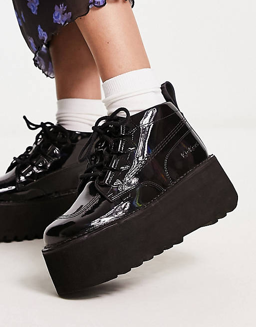 Ботинки на платформе Kickers Kick с черным голографическим лаком эксклюзивные фиолетовые ботинки на платформе kickers с леопардовым принтом