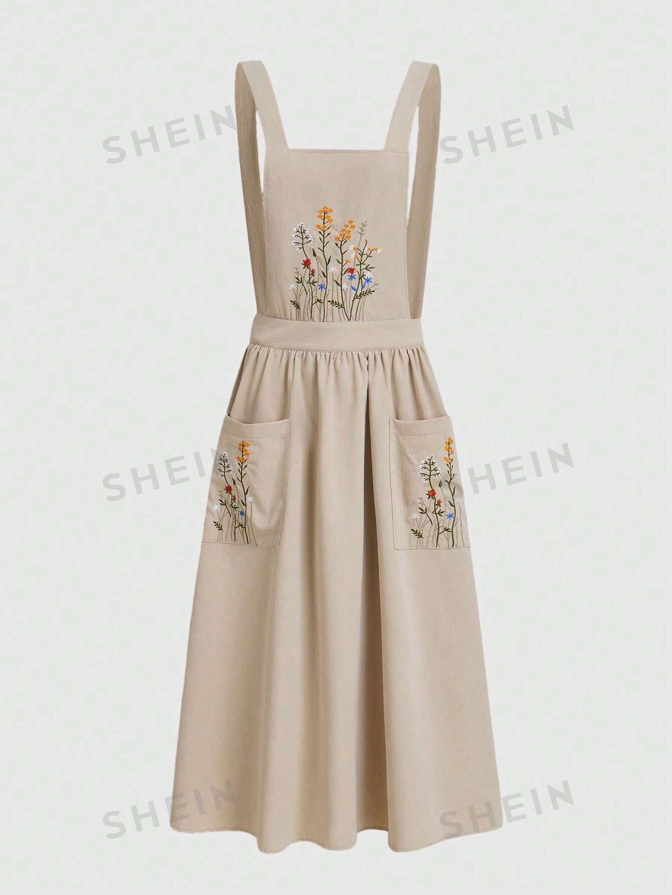 цена ROMWE Платье на подтяжках с двумя карманами и цветочной вышивкой Fairycore, абрикос