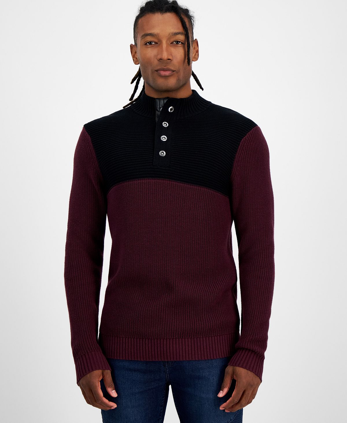 Мужской текстурированный свитер обычного кроя с цветными блоками и воротником-стойкой на кнопке 1/4 I.N.C. International Concepts