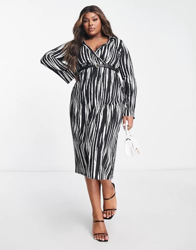 

Черно-белое платье миди с запахом и поясом ASOS DESIGN Curve