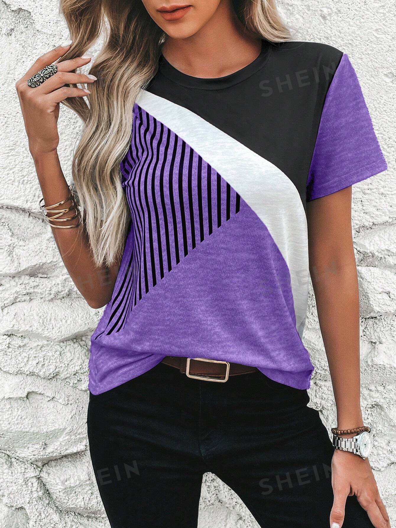 SHEIN Clasi Полосатая футболка с короткими рукавами и круглым вырезом с цветными блоками, фиолетовый