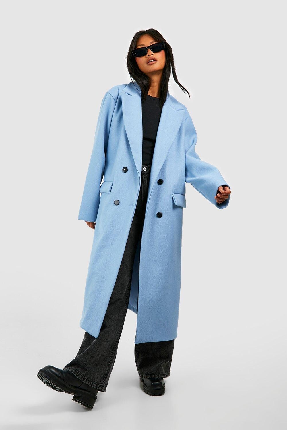 

Шерстяное пальто с подплечниками boohoo, синий