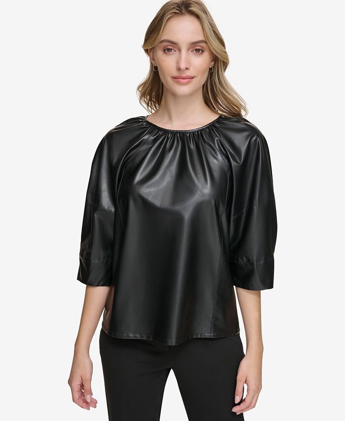 

Женский топ из искусственной кожи с короткими рукавами Calvin Klein, цвет Black