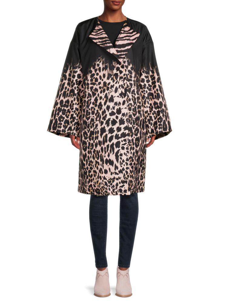 Двустороннее шелковое пальто с животным принтом и запахом Roberto Cavalli, цвет Pink Leopard