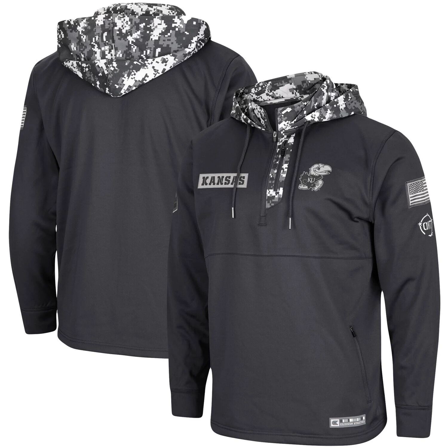 

Мужская темно-серая толстовка с молнией до четверти Kansas Jayhawks OHT Military Appreciation Digi Camo Colosseum, Серый