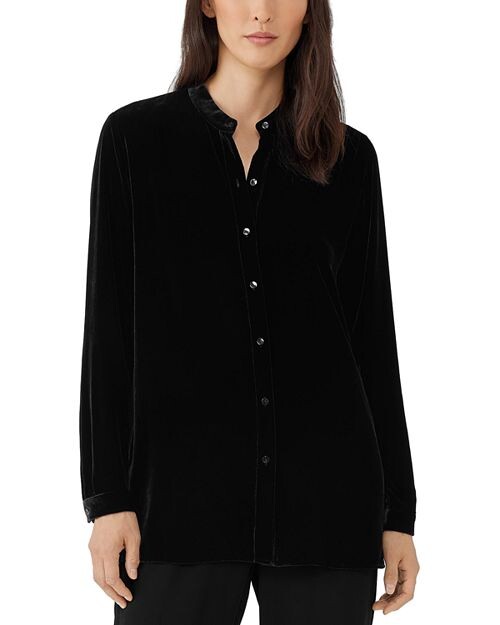 

Бархатная длинная рубашка с воротником-стойкой Eileen Fisher, цвет Black