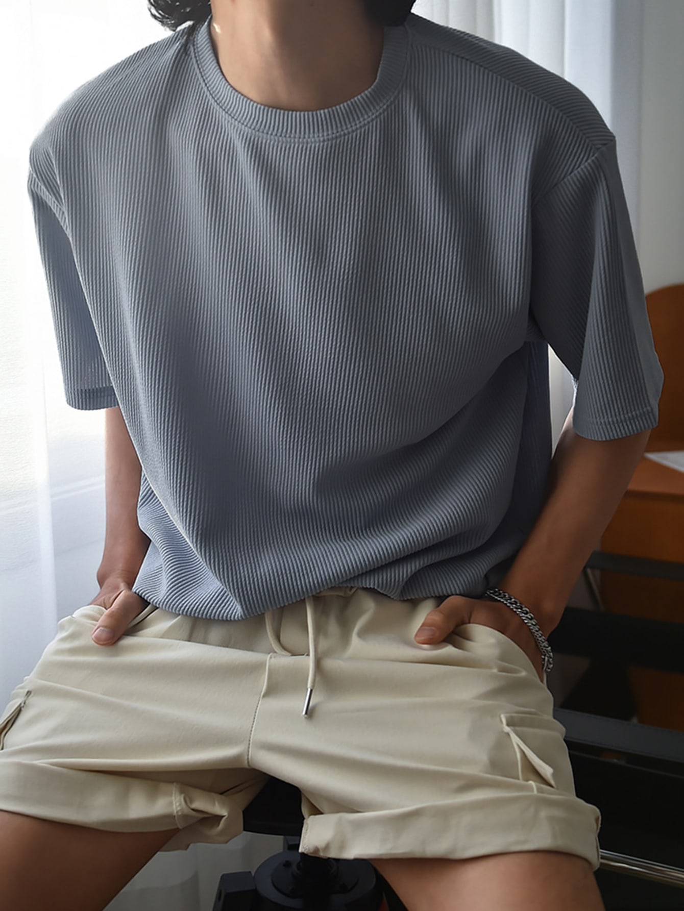 DAZY однотонная повседневная футболка в рубчик с короткими рукавами, пыльный синий
