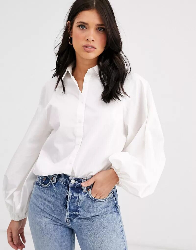 

Белая хлопковая рубашка с длинными рукавами ASOS, Серый
