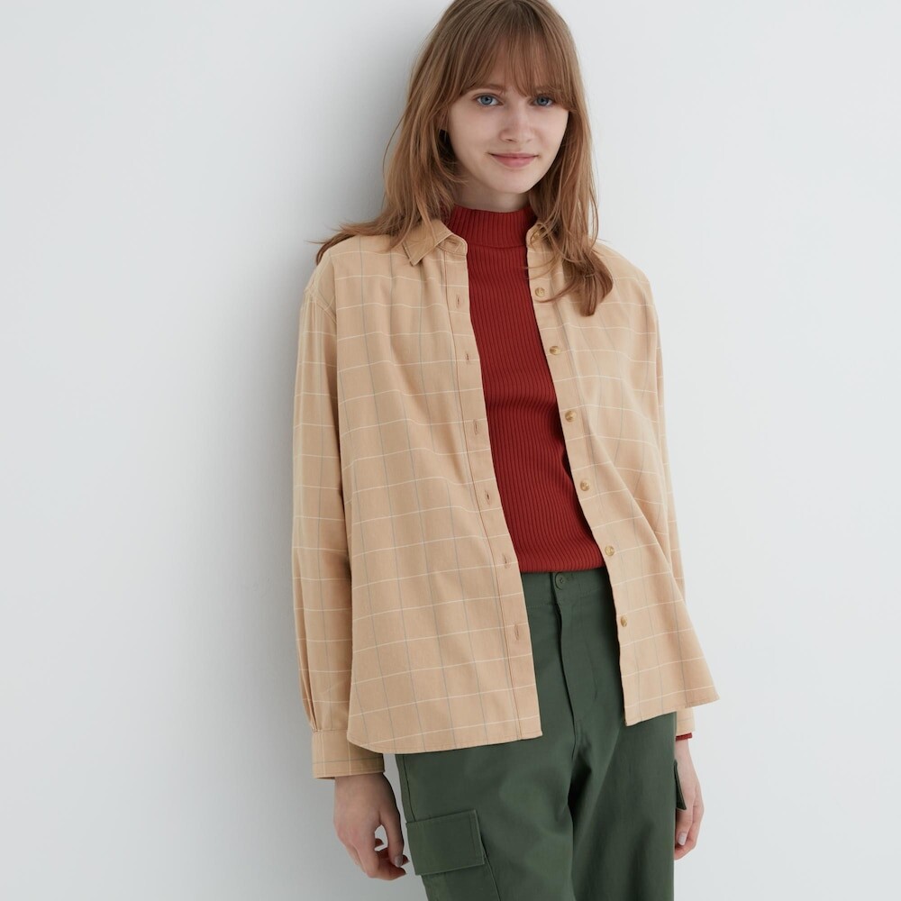 

Рубашка Uniqlo свободная в клетку с мягким начесом и длинными рукавами, бежевый