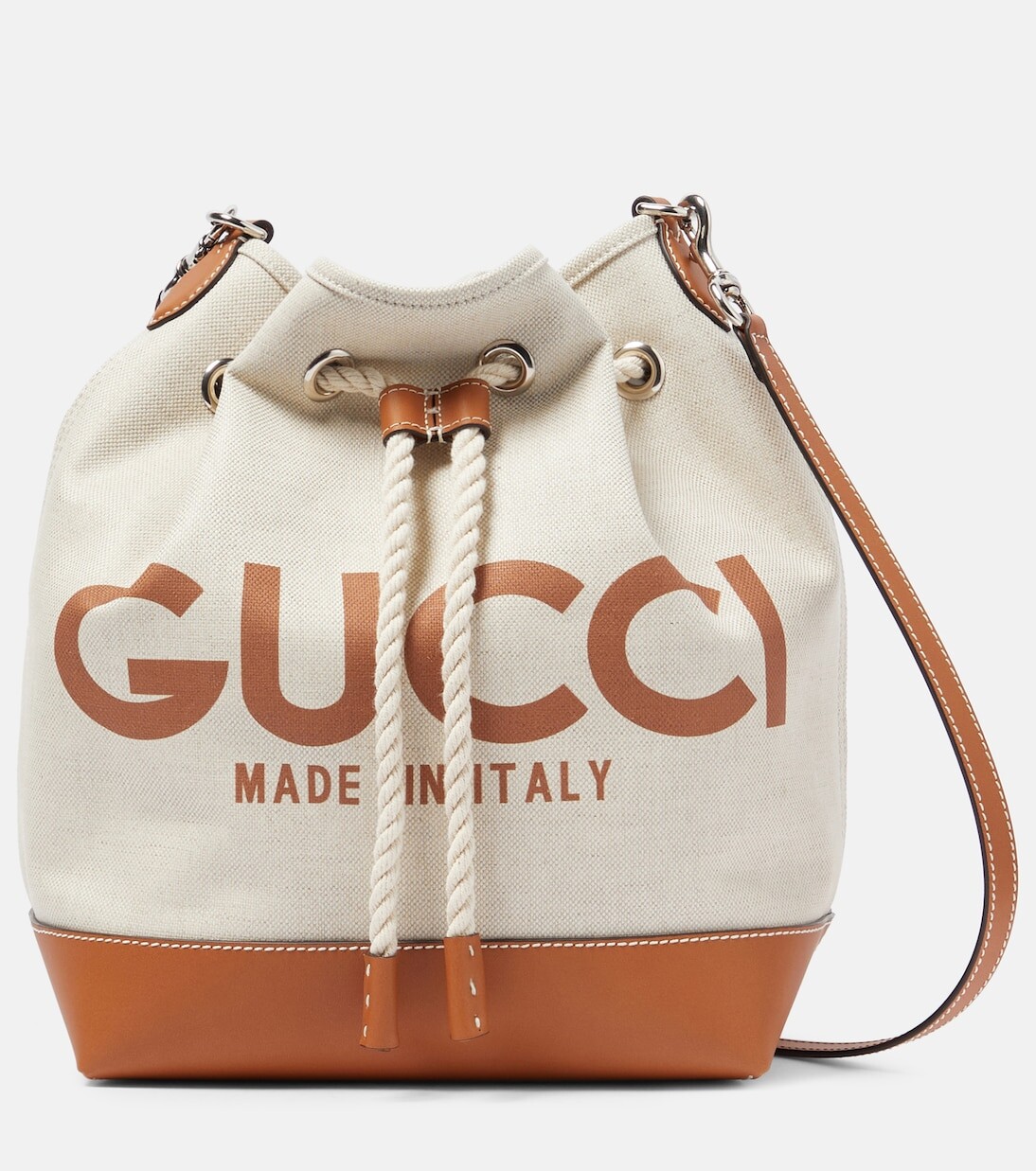 

Холщовая сумка-ведро с кожаной отделкой и логотипом Gucci, бежевый