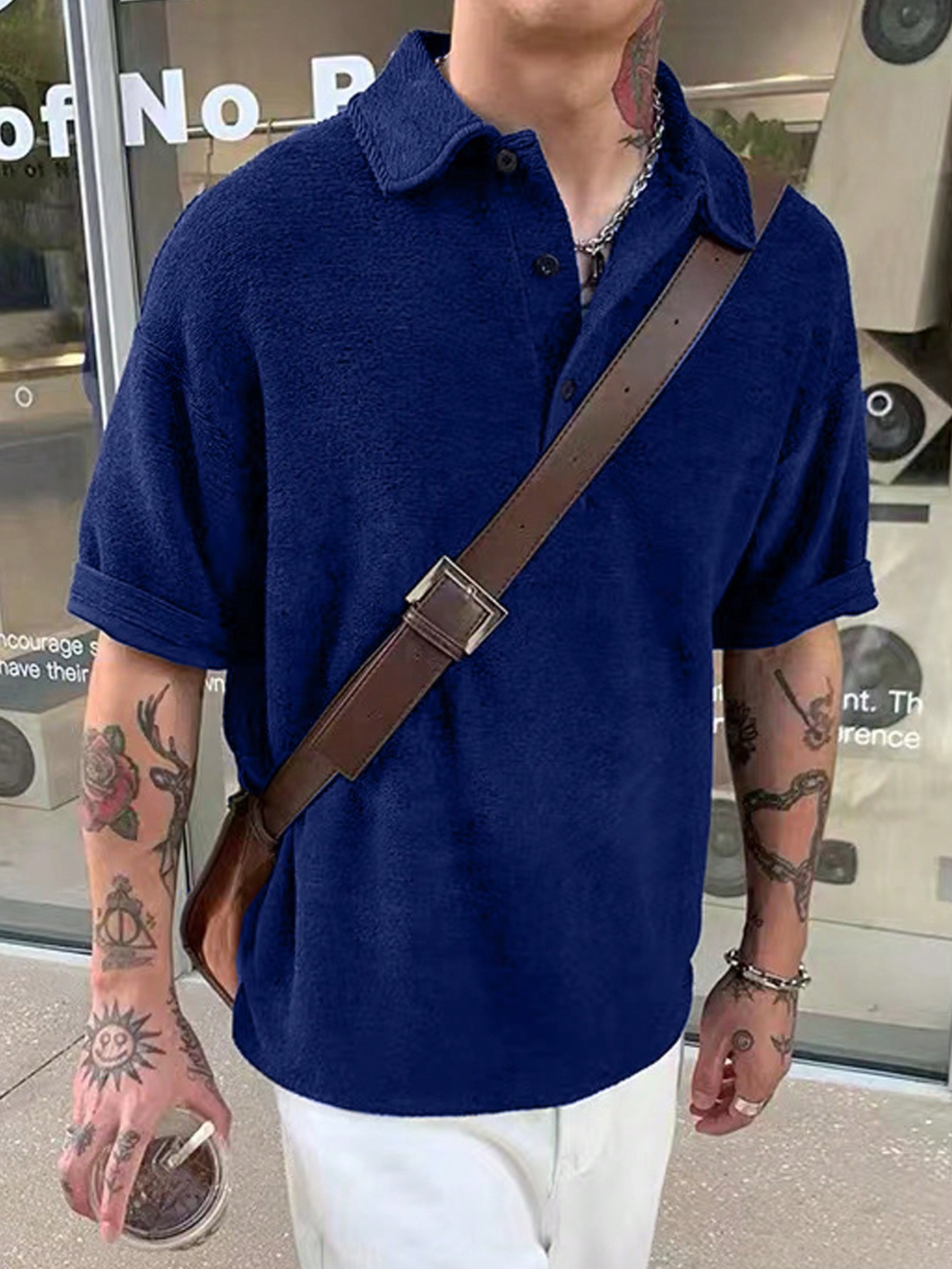 Мужская однотонная рубашка-поло с короткими рукавами Manfinity Hypemode, темно-синий мужская однотонная повседневная рубашка с коротким рукавом и воротником поло синий