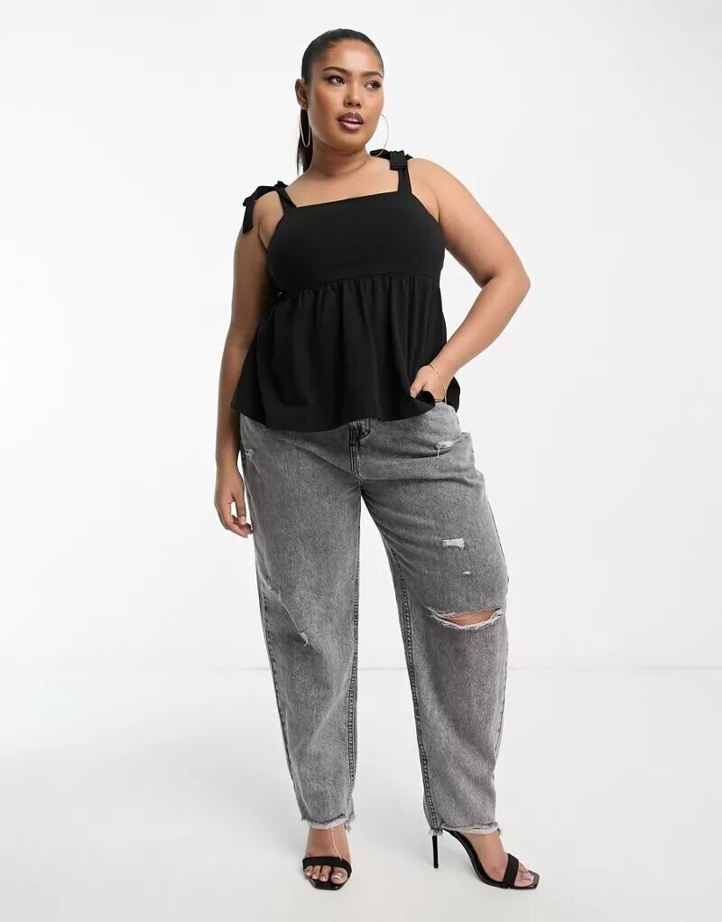 

Черный летний топ с завязанными бретелями и баской ASOS DESIGN Curve