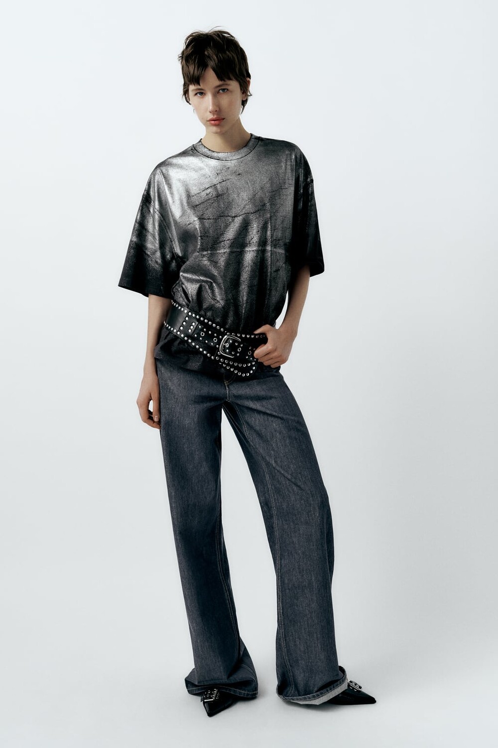 

Металлизированная футболка ZARA, серебро