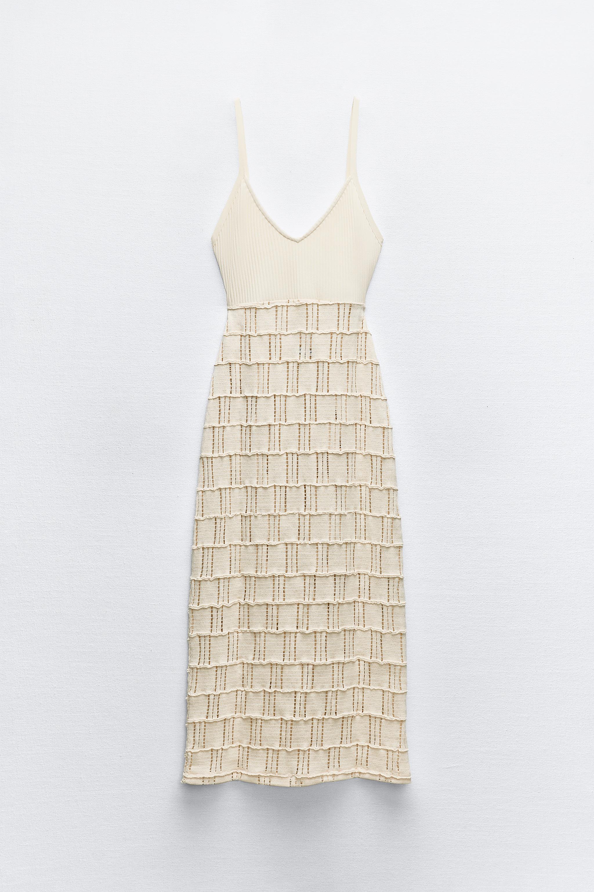 цена Платье миди с v-образным вырезом на тонких бретелях ZARA, песочный