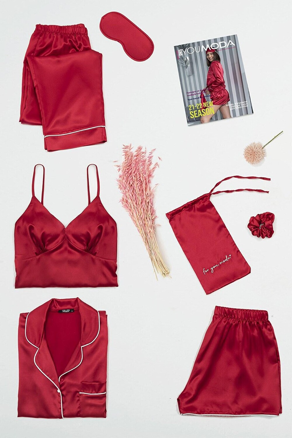 

Красный пижамный комплект из 7 предметов с бюстье FOR YOU MODA