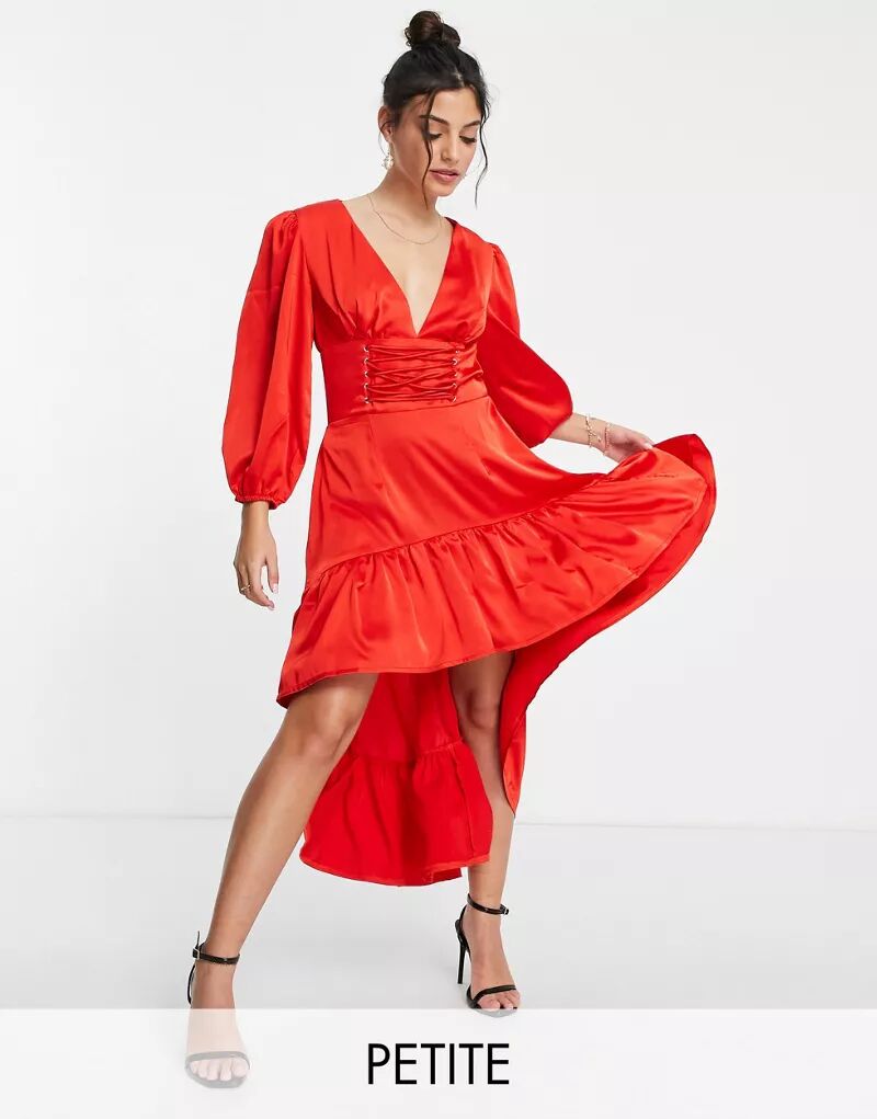 цена Collective Эксклюзивное красное асимметричное платье миди с объемными рукавами The Label Petite Collective The Label Petite