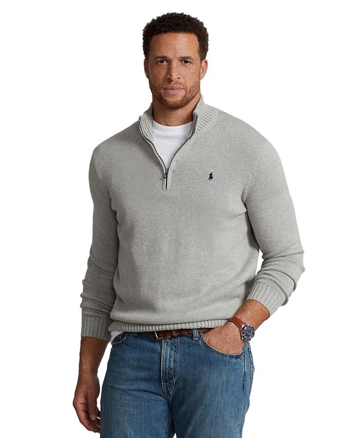 

Мужской большой & Высокий хлопковый свитер с молнией в четверть Polo Ralph Lauren, серый