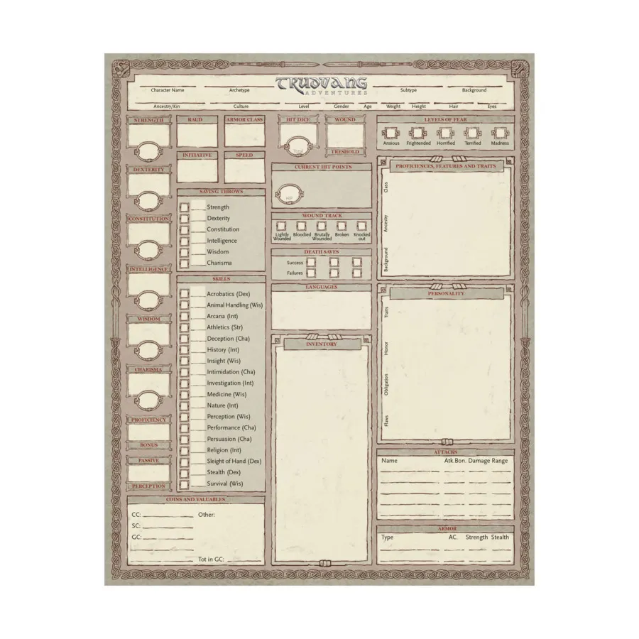 

Листы персонажей, Trudvang Adventures 5E (Riotminds)