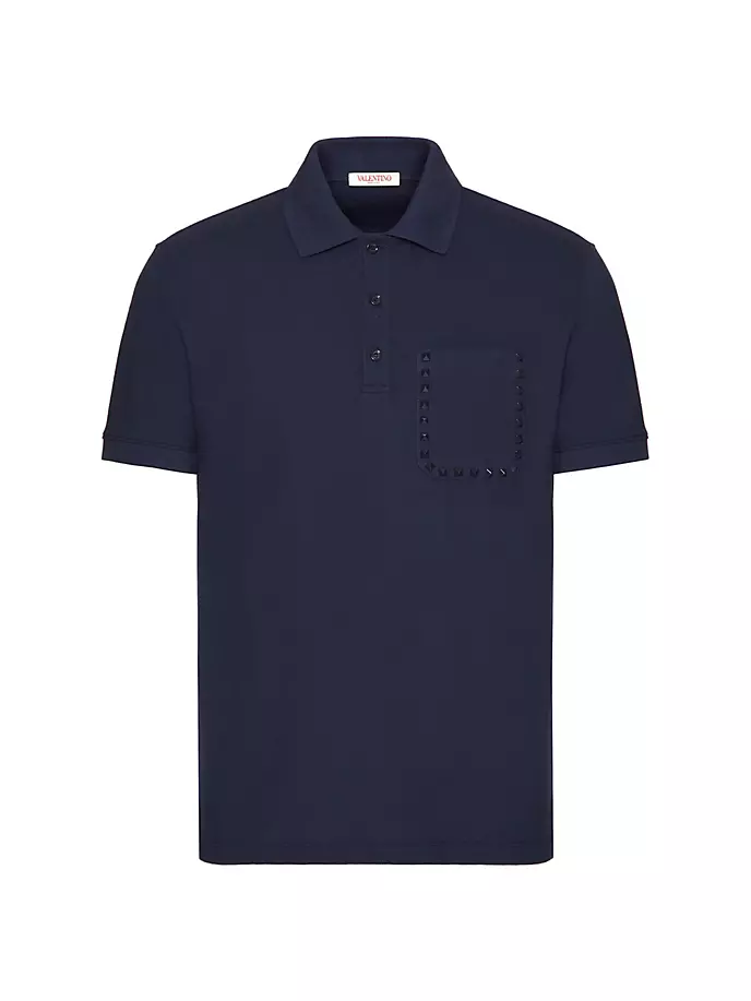 Рубашка-поло из хлопкового пике с заклепками Rockstud Untitled Valentino Garavani, темно-синий