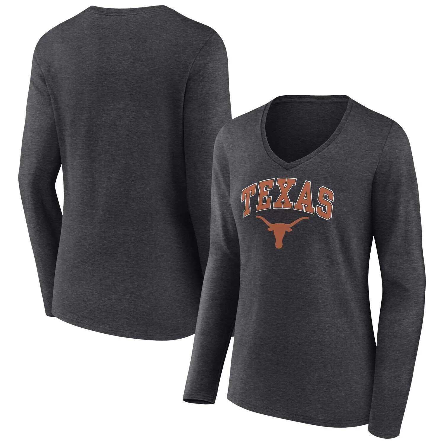 

Женская футболка Fanatics с логотипом Heather Charcoal Texas Longhorns Evergreen Campus с длинными рукавами и v-образным вырезом Fanatics
