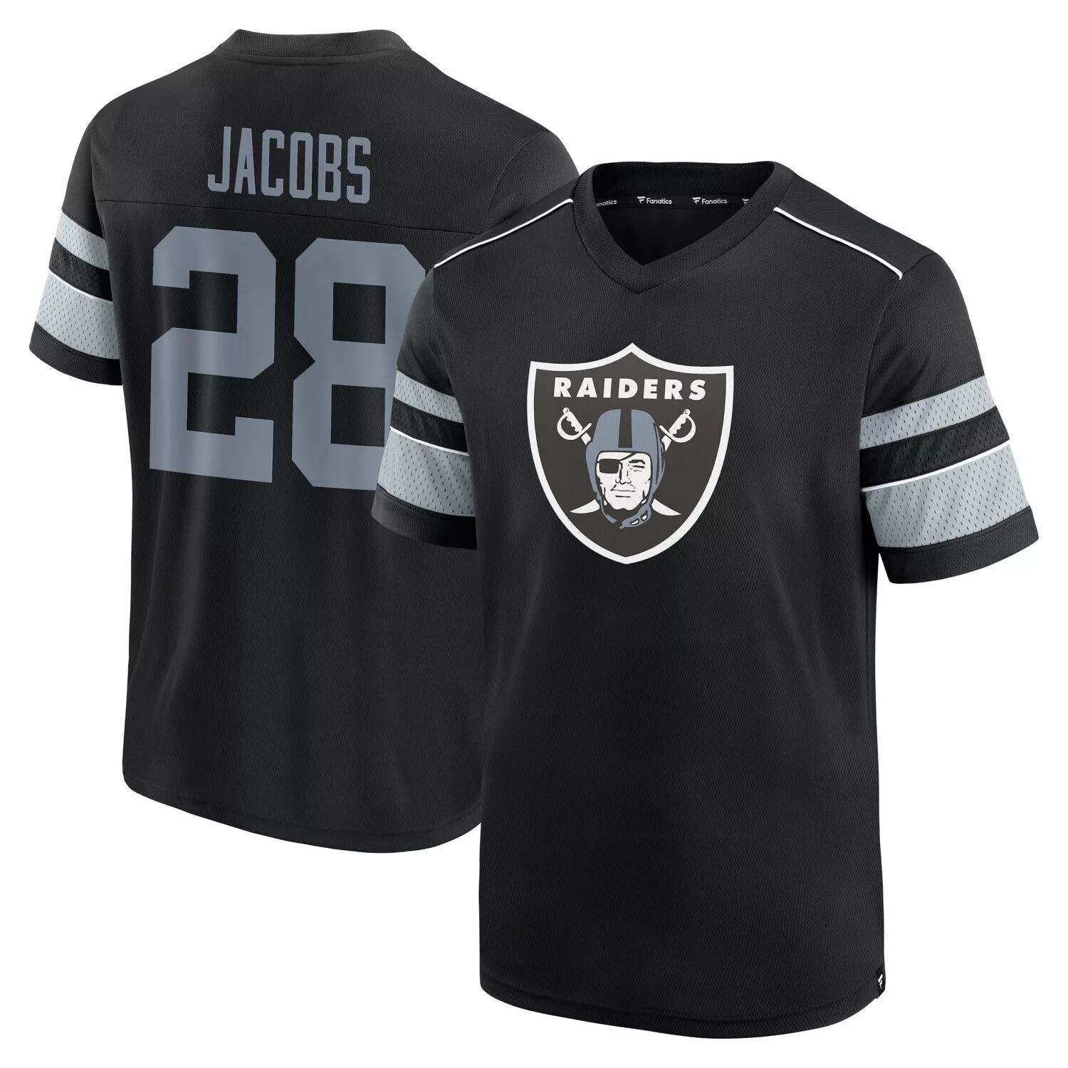 

Мужская черная футболка Fanatics с логотипом Josh Jacobs Las Vegas Raiders с надписью и номером с v-образным вырезом, Черный
