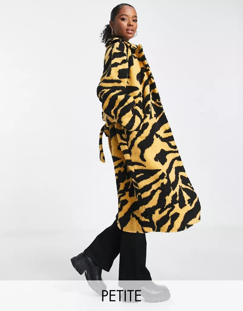 Эксклюзивное желтое длинное плюшевое пальто с животным принтом Pieces Petite