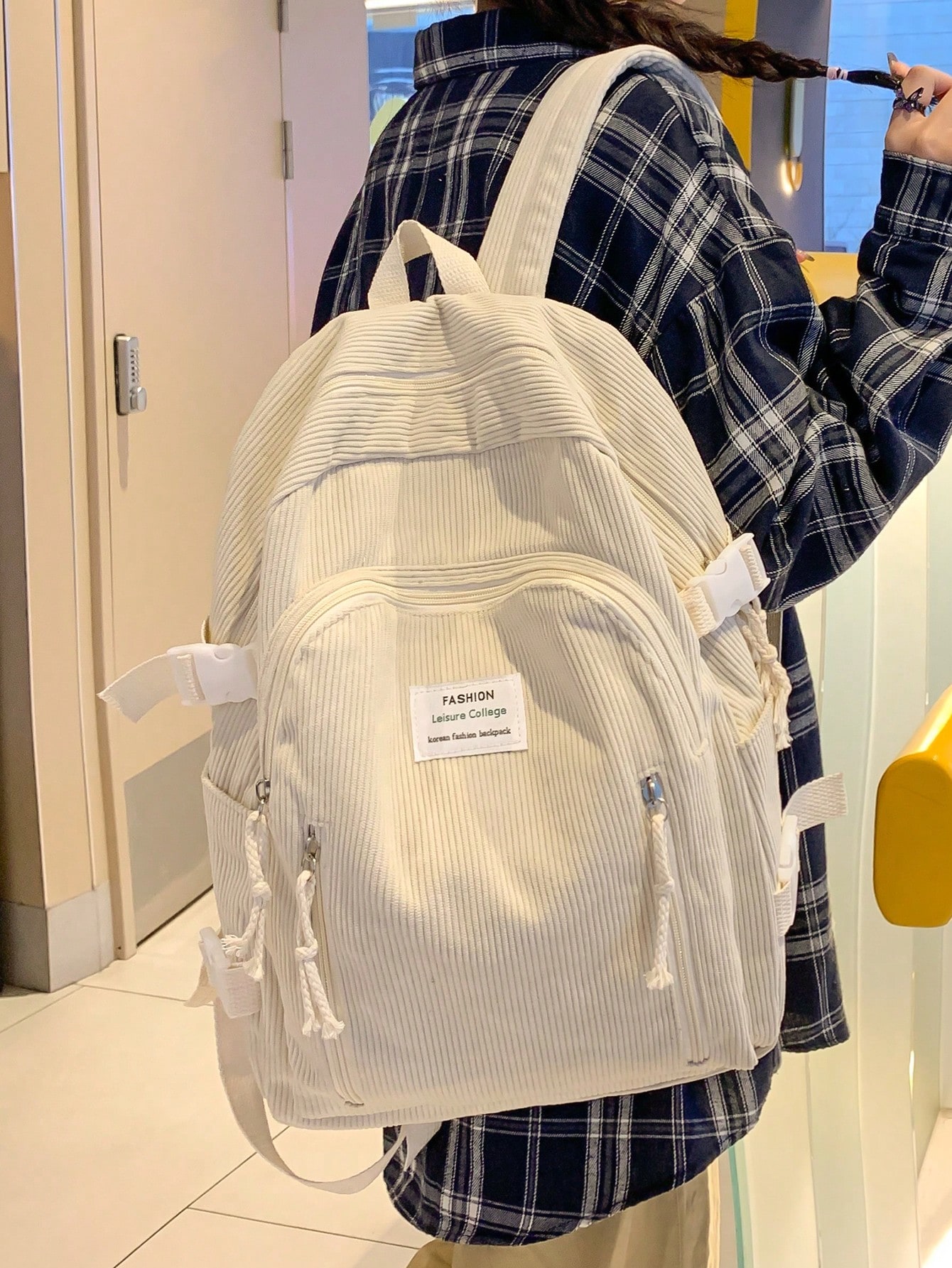Простой и вместительный вельветовый рюкзак через плечо, школьная сумка, бежевый простой и легкий рюкзак с флуоресцентным ночником сумка на плечо черный