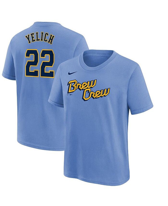 

Футболка Christian Yelich Powder Blue для мальчиков и девочек дошкольного возраста Milwaukee Brewers City Connect с именем и номером Nike, синий