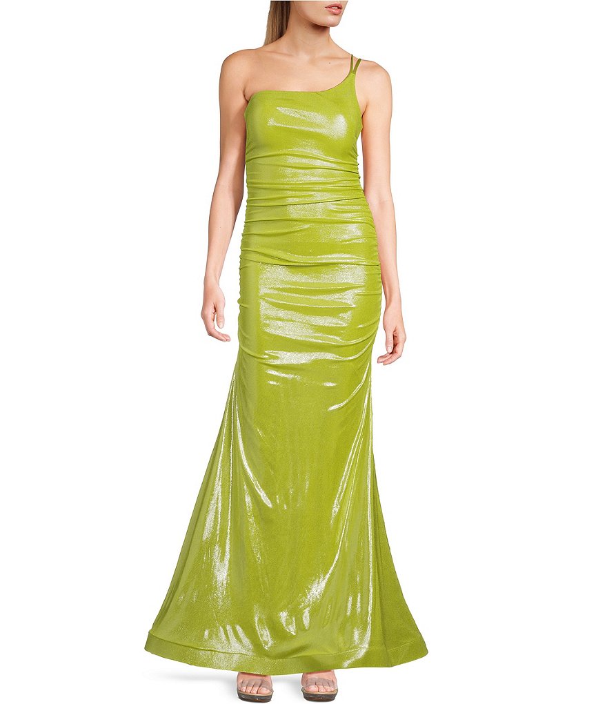 B. Darlin Длинное платье с гофрированными сборками на одно плечо и двойными бретельками из фольги Darlin, зеленый