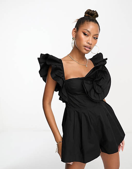 

Черный комбинезон из поплина с корсажем и рюшами на рукавах ASOS LUXE