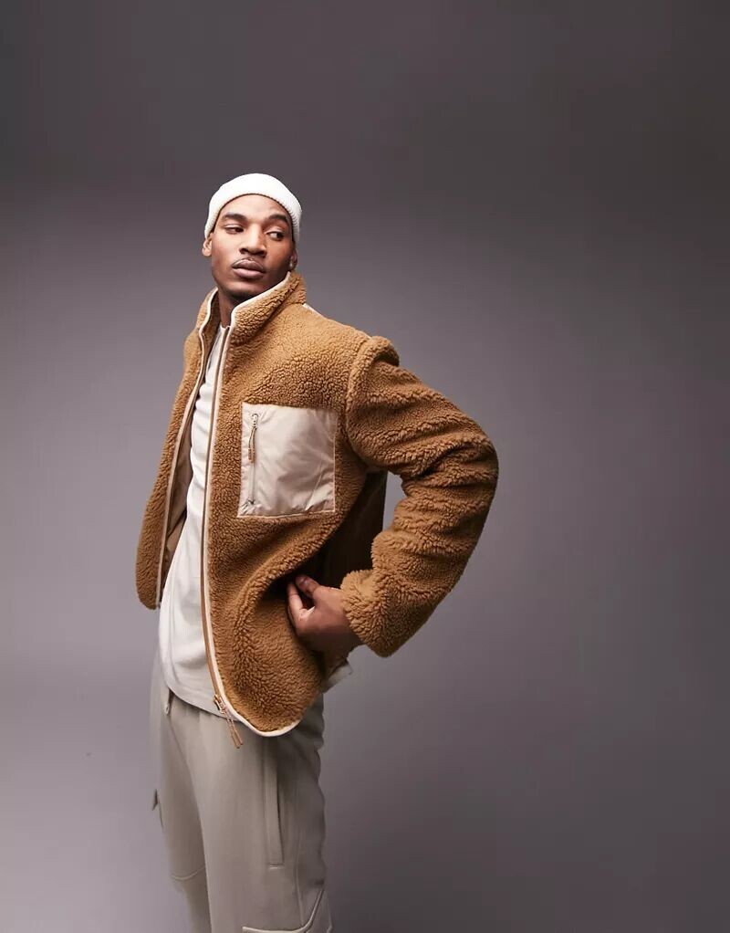 

Светло-коричневая меховая куртка Topman со вставками из нейлона, Серый