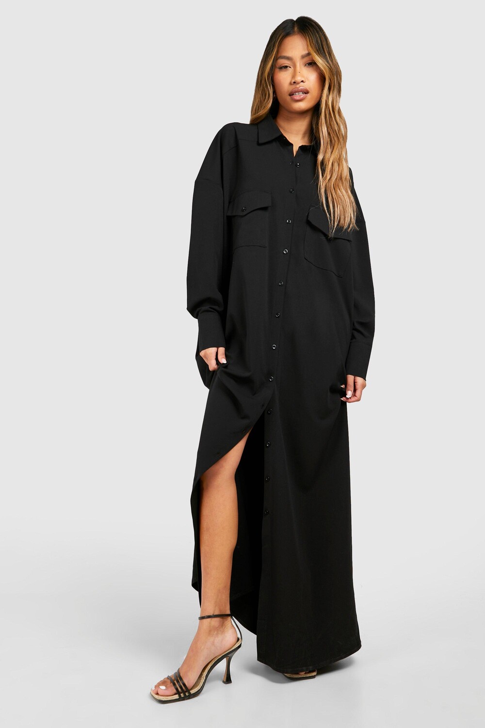 

Платье-рубашка макси в стиле милитари boohoo, черный