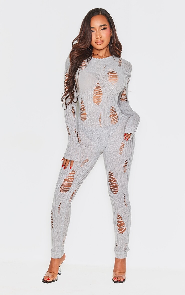 

PrettyLittleThing Серый вязаный комбинезон с длинными рукавами и молнией