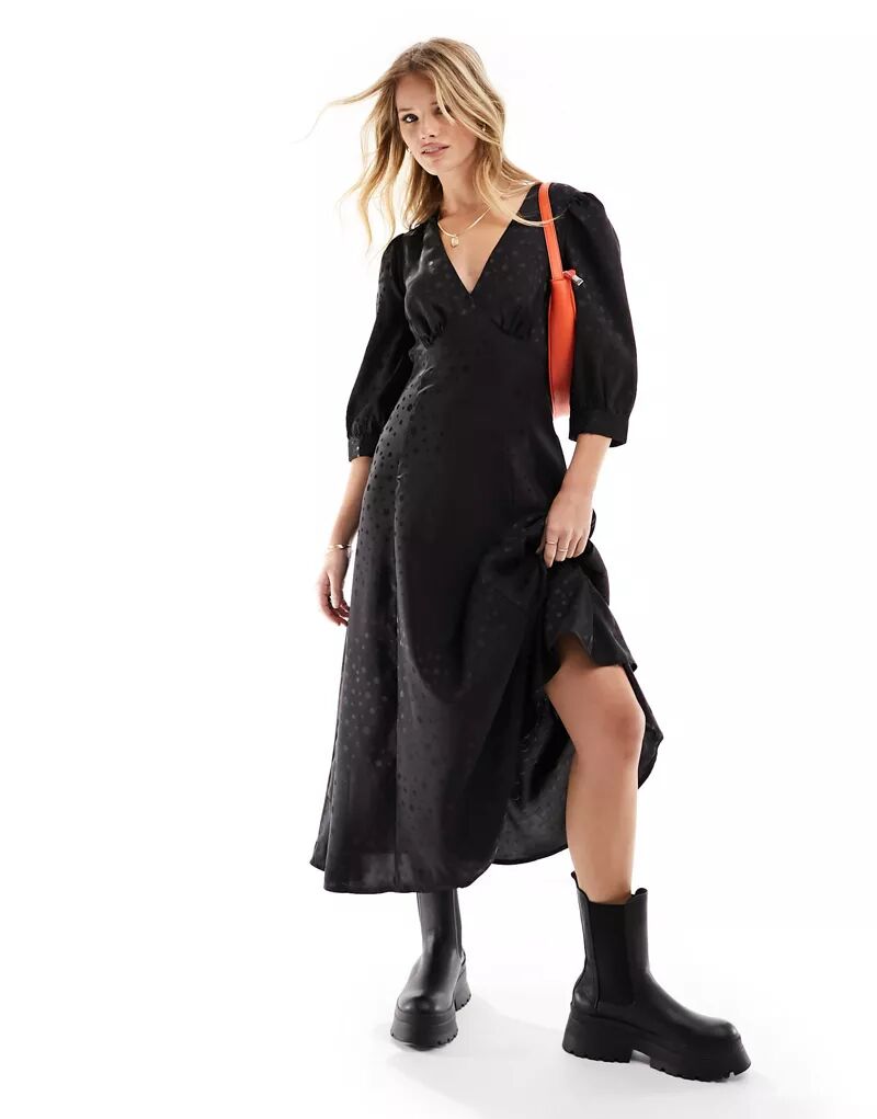 Черное чайное платье миди из жаккарда в горошек New Look купальник new look в горошек 44 46 размер новый