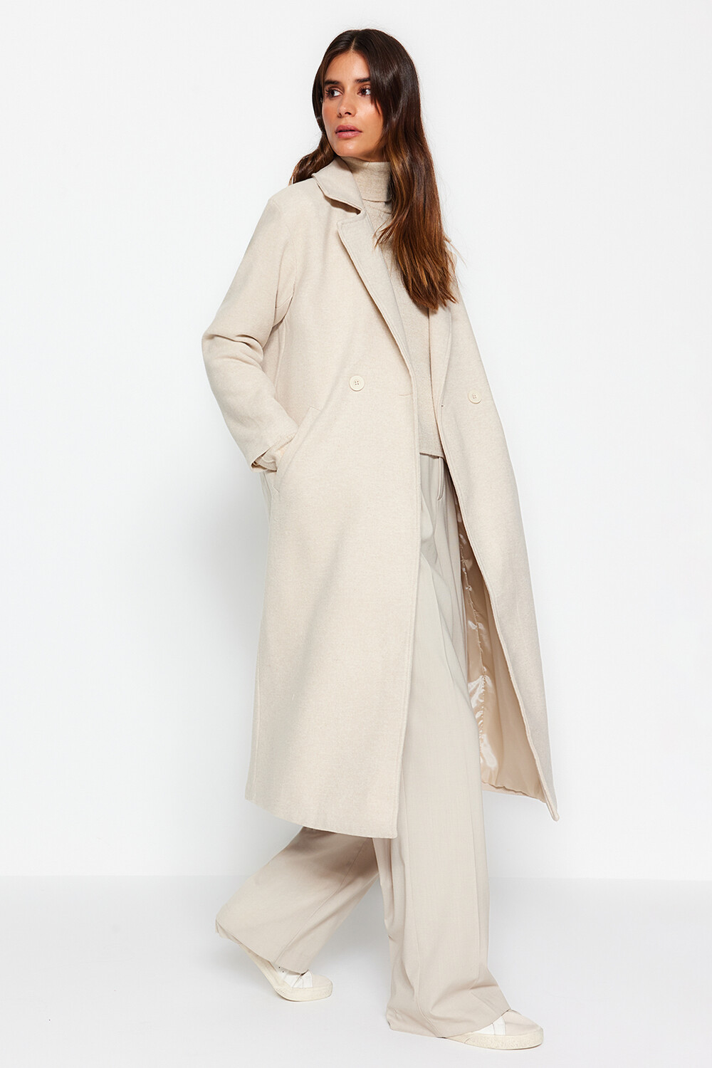 

Пальто - Экрю - Двубортный Trendyol Modest