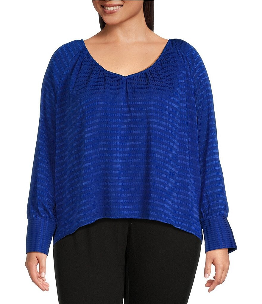 

Тканый шифоновый топ с длинными рукавами и v-образным вырезом Calvin Klein Plus Size, синий