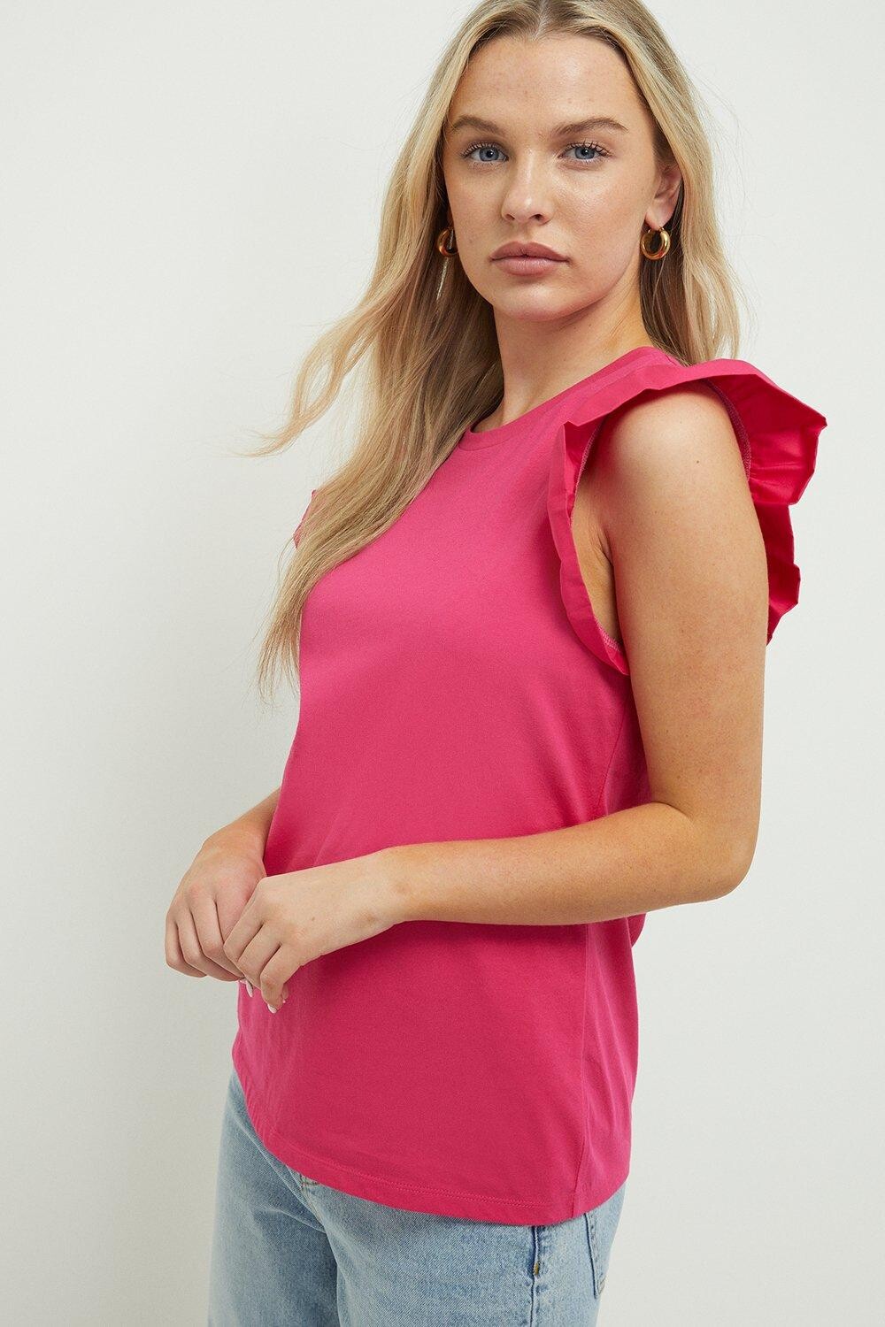 

Топ из поплина Petite с рюшами и рукавами Dorothy Perkins, розовый