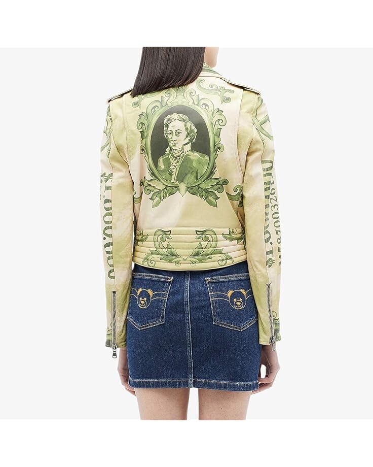 

Куртка Moschino Money Print Leather Moto Jacket, белый/зеленый