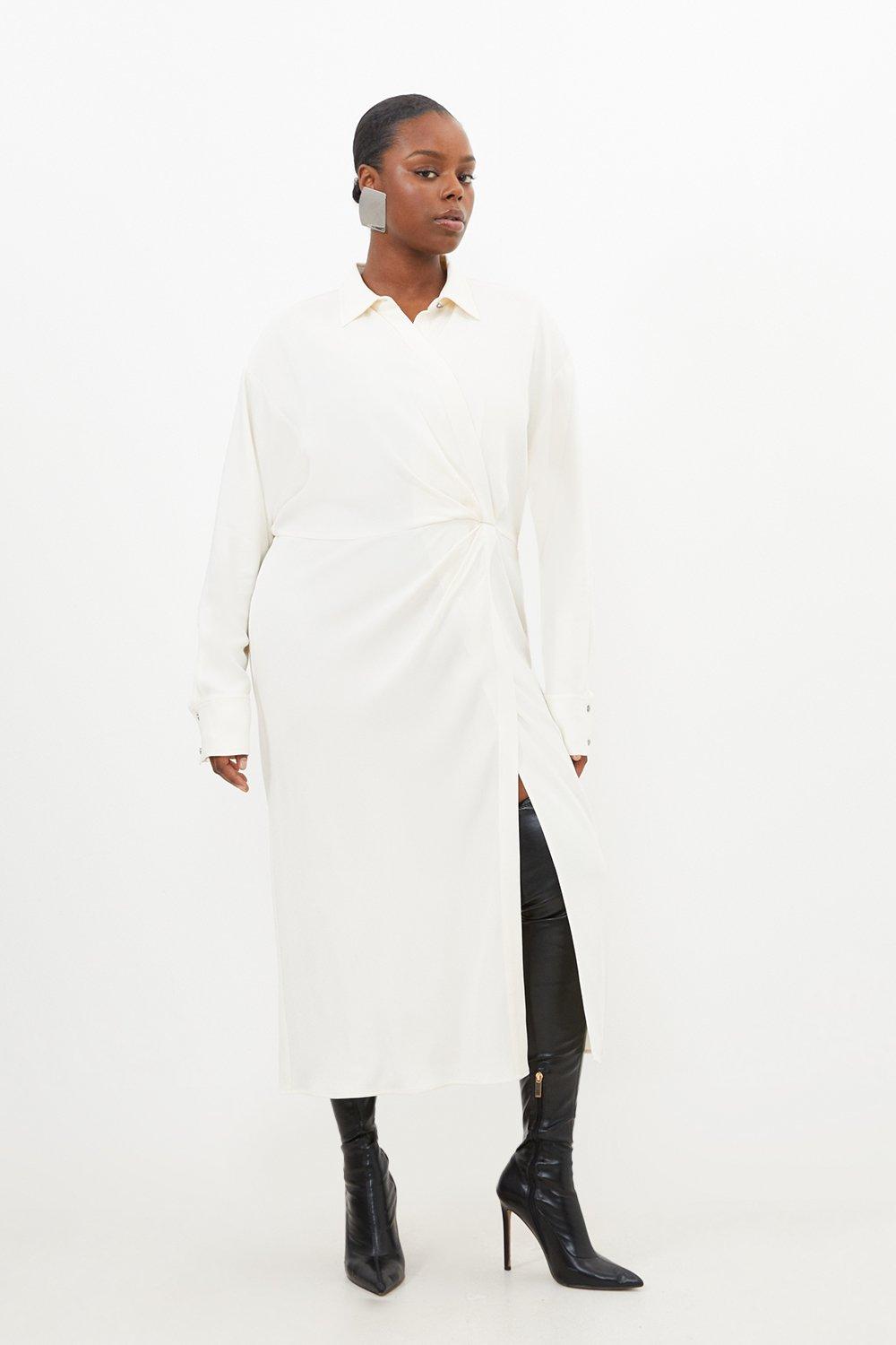 Платье-рубашка миди из вискозного крепа с длинными рукавами больших размеров Karen Millen, белый
