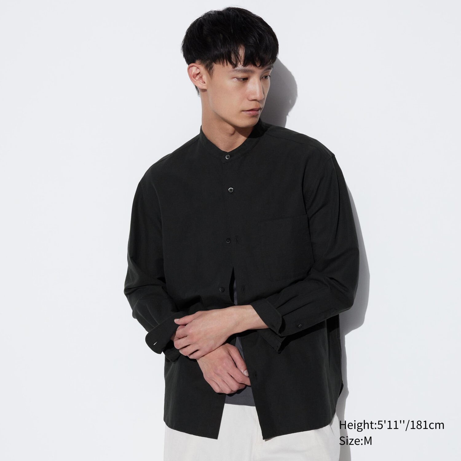

Рубашка из хлопкового льна с вырезом мао UNIQLO, черный