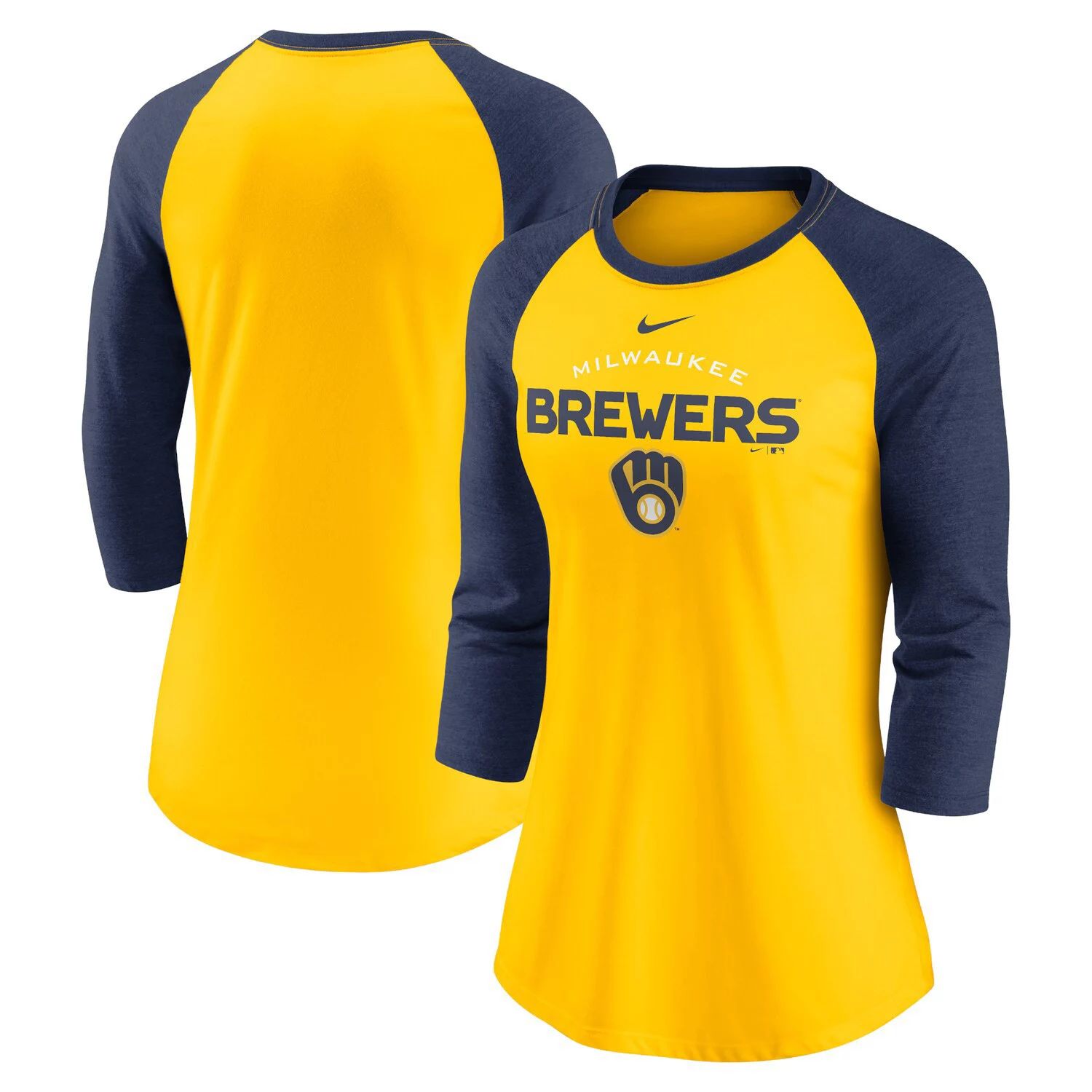 

Женская футболка Nike Gold/темно-синего цвета с рукавом три четверти Milwaukee Brewers Modern Baseball Arch Tri-Blend Raglan Nike, Синий