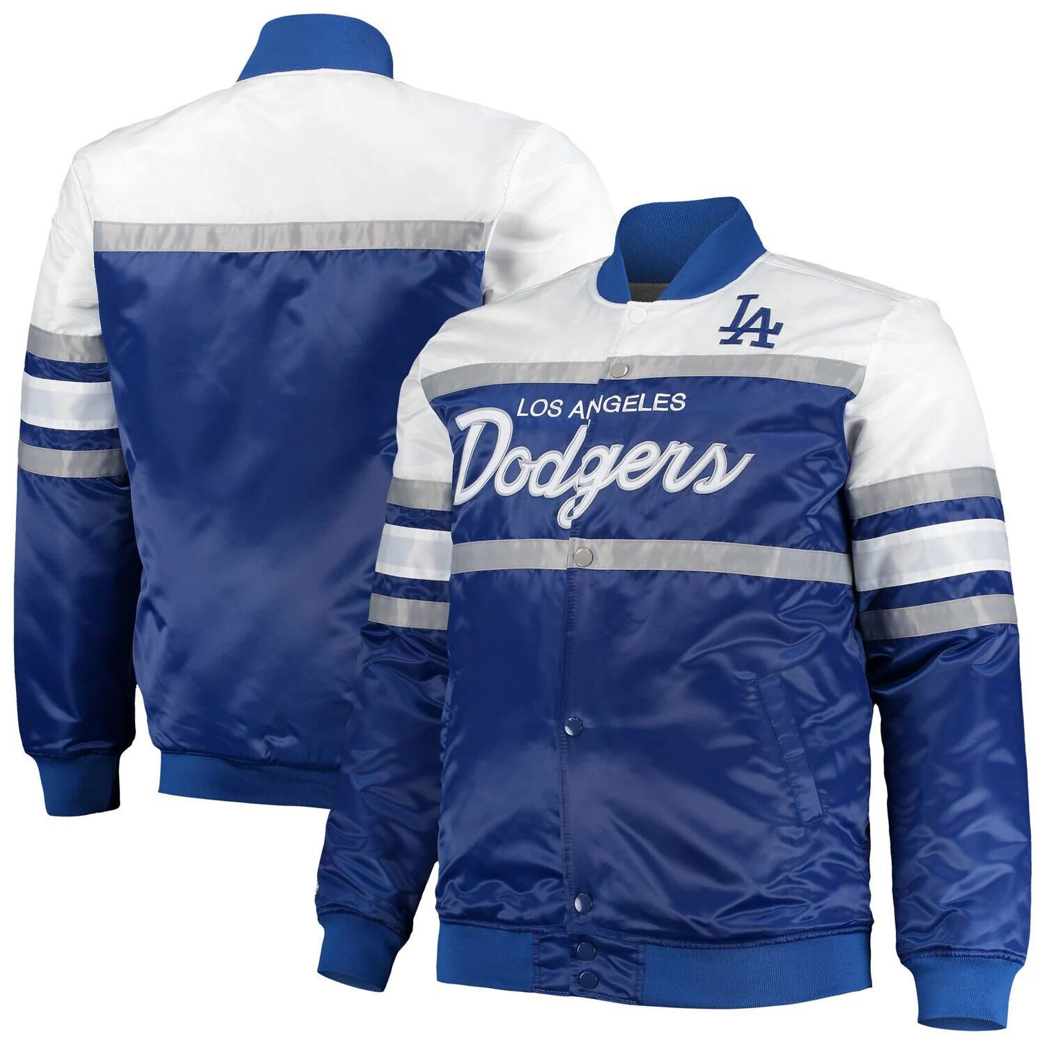 

Мужская атласная куртка с длинными кнопками Mitchell & Ness Royal/серая Los Angeles Dodgers Big & Tall Coaches