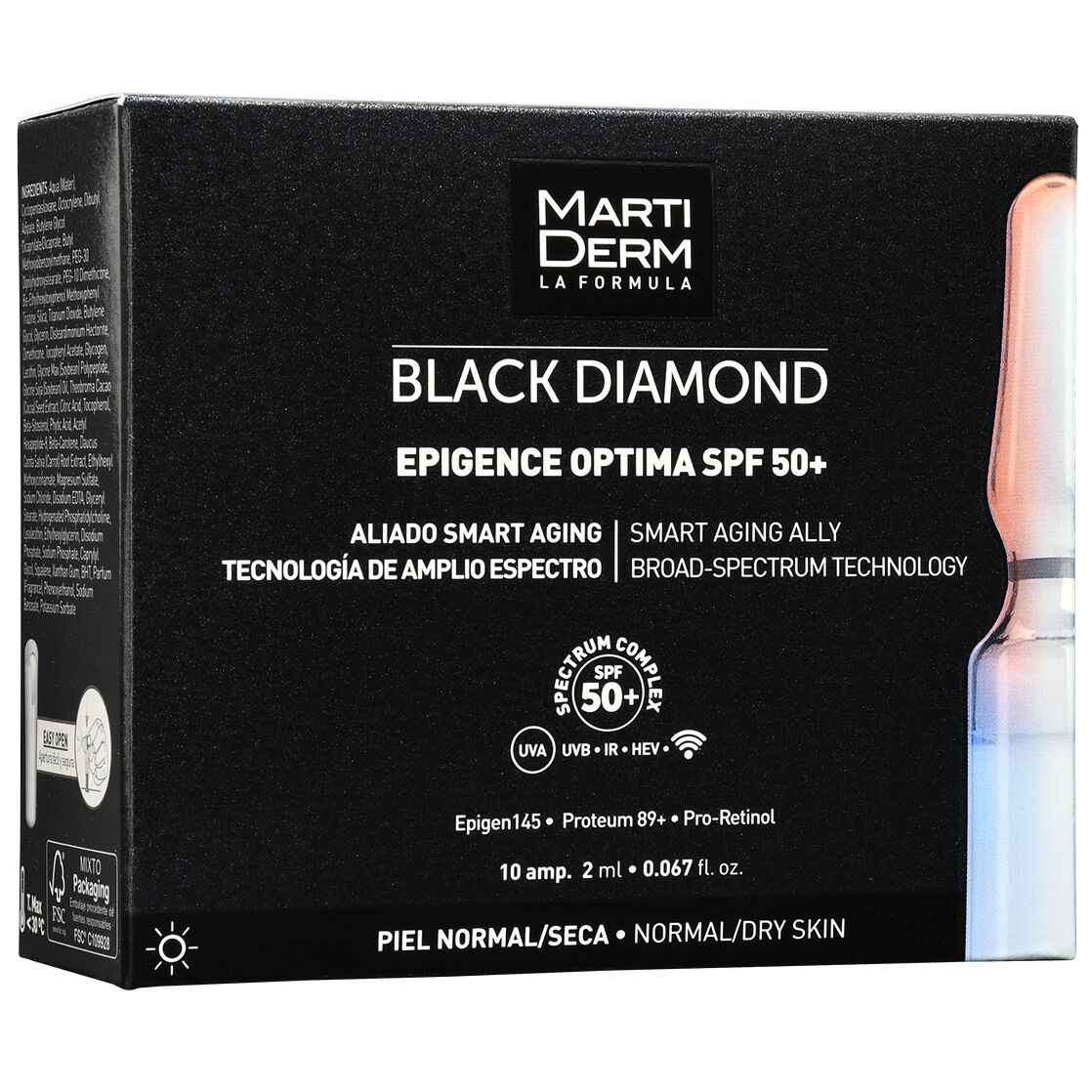 цена Антивозрастная сыворотка для лица в ампулах Martiderm Black Diamond Epigence Optima Spf50+, 10х2 мл