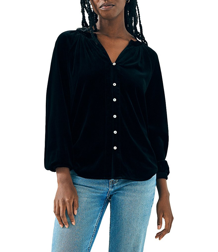 цена Бархатная рубашка на пуговицах Faherty Naomi с разрезом и v-образным вырезом, черный