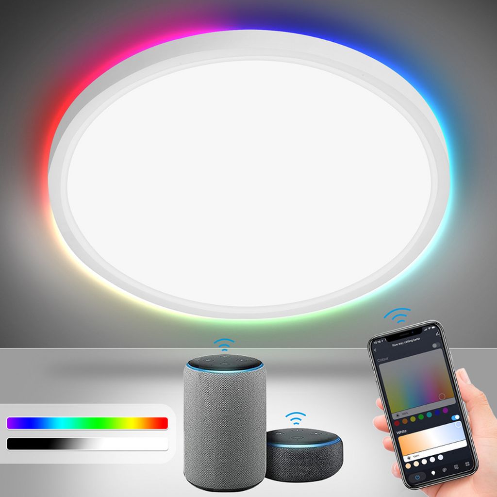 

Yakimz 24W Smart LED потолочный светильник для гостиной с RGB, голосовым управлением, Wi-Fi - с регулировкой яркости, плоский, белый