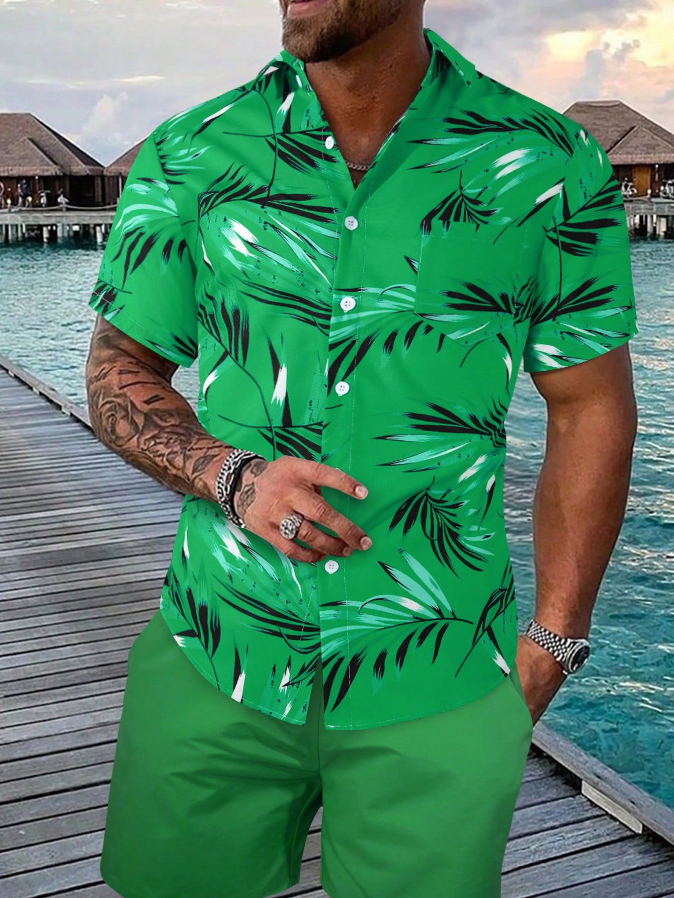 Мужская рубашка с короткими рукавами и принтом листьев на пуговицах Manfinity RSRT, зеленый рубашка мужская с коротким рукавом цифровым принтом на пуговицах повседневная домашняя одежда лето