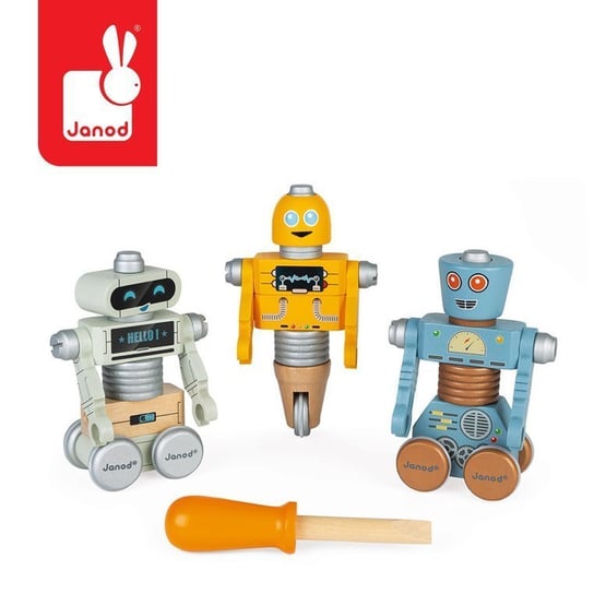 деревянные игрушки janod пирамидка пингвинчик Janod, деревянные роботы-сборщики с отверткой, Brico'kids