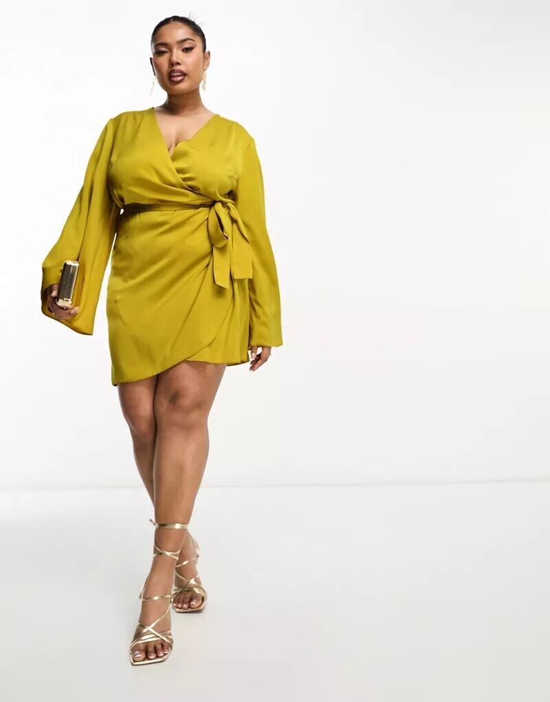 

Эксклюзивное золотое короткое платье из атласа с запахом и поясом ASOS DESIGN Curve